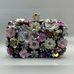 Floral Embellished Black Satin Clutch or Crossbody